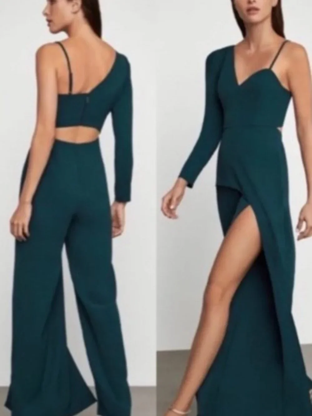 BCBGMAXAZRIA Dark Green One Shoulder Jumpsuit Wide Leg Formal Evening Romper